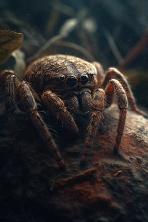 Close up of tarantula spider on a rock in the forestの素材