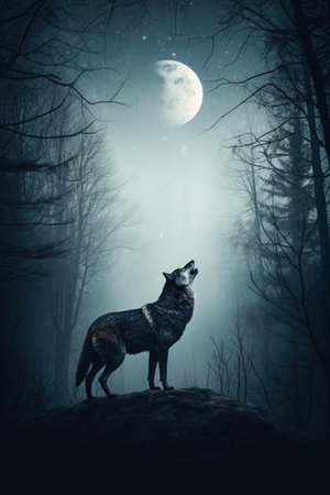 Wolf in the forest at night with full moon.の素材