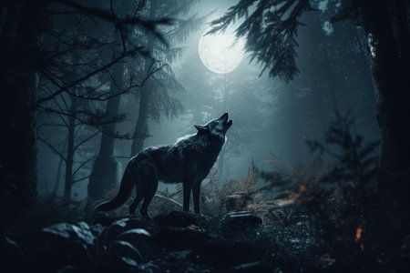 Wolf in the dark forest at night and full moon. halloween conceptの素材