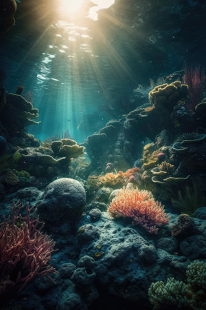 Tropical underwater scene with coral reef and sunbeams.の素材