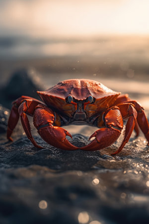 Red rock crab on the seashore at sunset. natural backgroundの素材