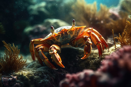 Closeup of a crab on a coral reef in a tropical seaの素材