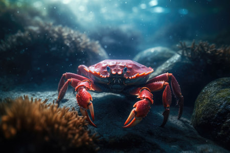Red crab swimming in the sea. Underwater photo of a red crab.の素材