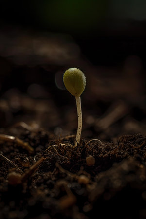 Green seedling growing from soil. Macro shot with shallow depth of field.の素材