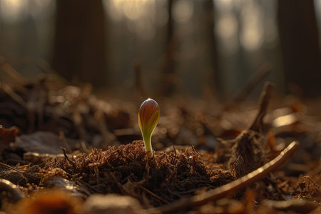 Small sprout of crocus growing from the earth in the forestの素材