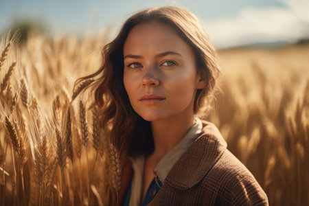 Portrait of a beautiful young woman in a wheat field at sunsetの素材