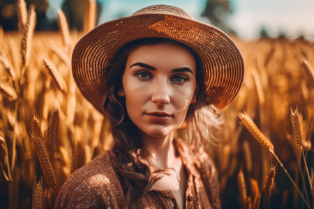 Portrait of a beautiful girl in a straw hat on a wheat field.の素材