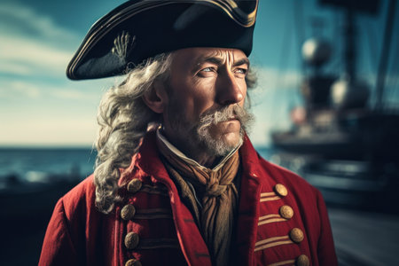 Portrait of a man in a pirate costume on the background of the seaの素材