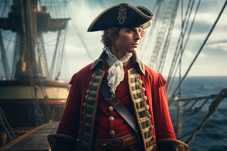 Portrait of a young man in a pirate costume on a shipの素材