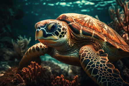 Green Sea Turtle (Chelonia mydas) in the ocean.の素材