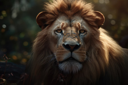 Portrait of a big male lion on the background of the forestの素材