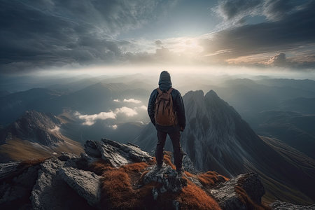Hiker on the top of the mountain with a backpack and looking at the sunriseの素材