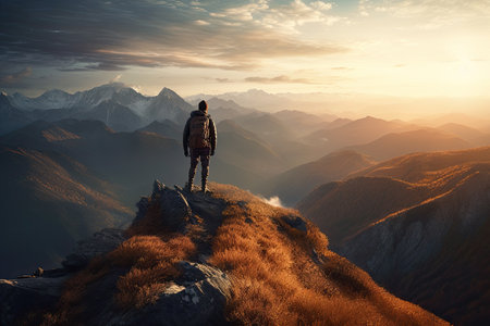 Hiker standing on the top of the mountain and looking at the sunsetの素材
