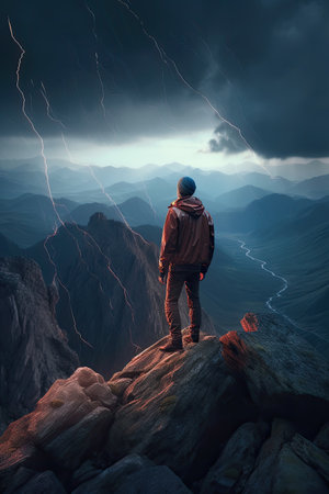 Man standing on the edge of a cliff and looking at the stormy skyの素材