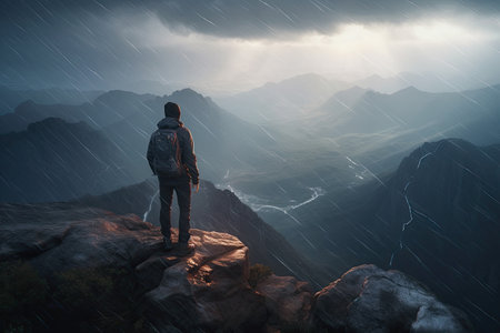 Hiker with backpack standing on the edge of a cliff in the mountains at nightの素材