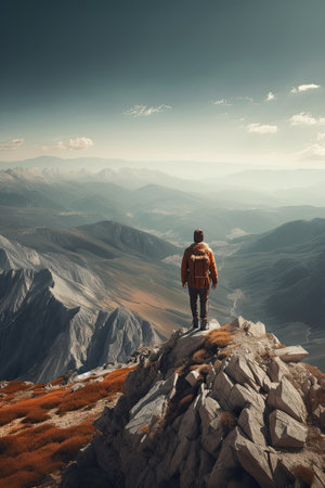 Hiker standing on top of a mountain and looking at the valleyの素材