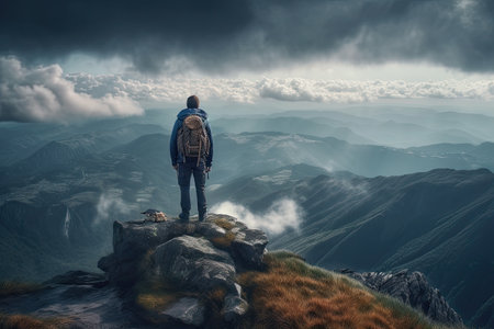 Man with backpack standing on top of the mountain and looking at the valleyの素材