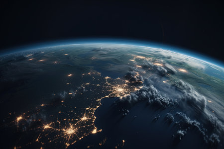 planet Earth at night with visible city lights.の素材