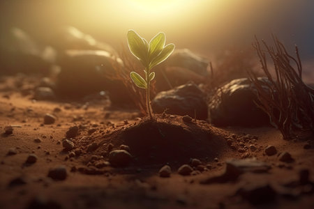 Green sprout growing from soil on sunset background. concept of new lifeの素材