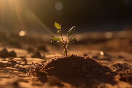 Young plant growing in the soil at sunset. Concept of new life.の素材