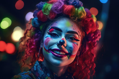 Close-up portrait of a beautiful girl with bright make-up and colorful hair.の素材