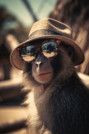 Portrait of a monkey in a hat and sunglasses. selective focus.の素材