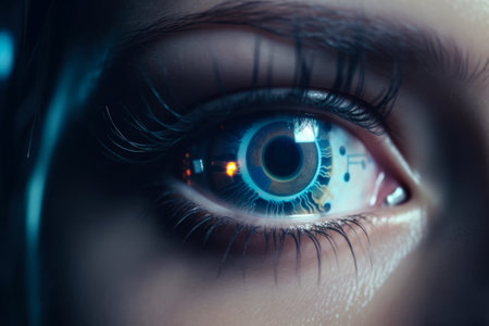 Close-up of female eye with glowing iris. concept imageの素材