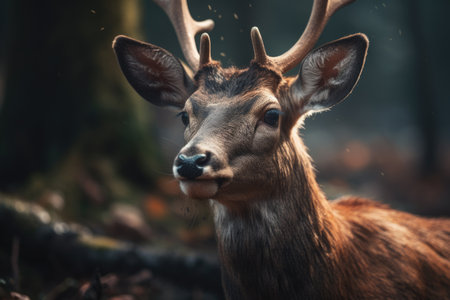 Portrait of a young deer with antlers in the forest.の素材