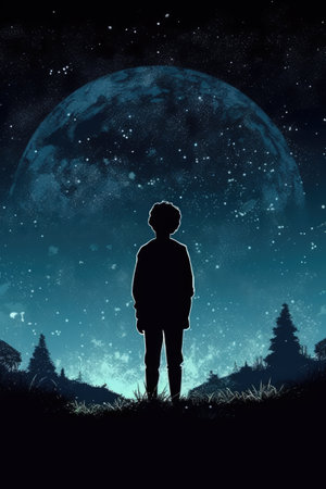 Silhouette of boy against night sky background with stars and moonの素材