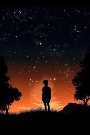 Silhouette of a man looking at the starry sky.の素材