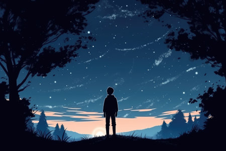 Silhouette of a boy in the forest at night,の素材