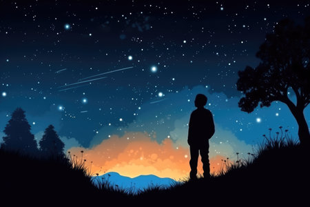 Silhouette of a boy in the mountains at night with starsの素材