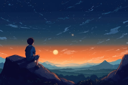 Silhouette of a boy sitting on the top of the mountain and looking at the sunsetの素材