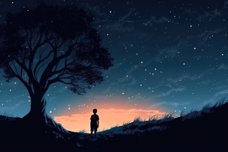 Silhouette of a man standing under a big tree at nightの素材