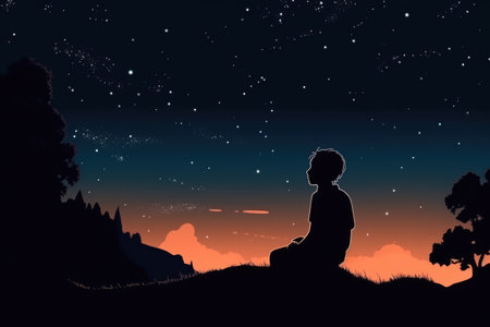 Silhouette of a man sitting on a hill and looking at the starry skyの素材