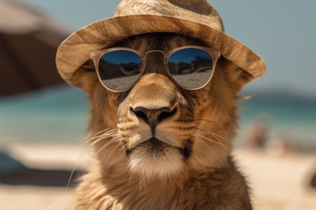 Portrait of a lion wearing a hat and sunglasses on the beachの素材