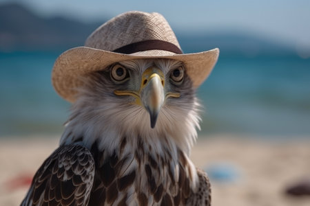 Portrait of a bald eagle in a hat on the beach.の素材