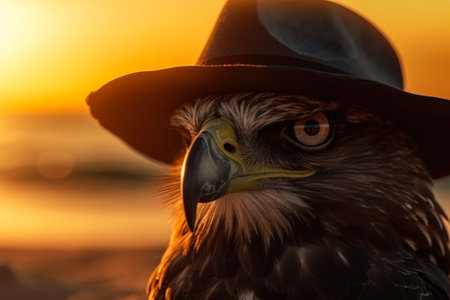 Portrait of a bald eagle in a cowboy hat at sunset.の素材
