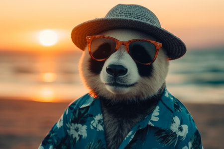 Portrait of a panda in sunglasses and a hat on the beach at sunsetの素材