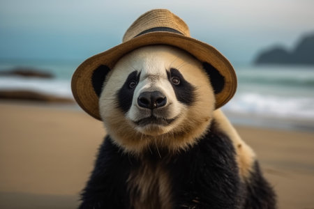 Portrait of a giant panda wearing a hat on the beachの素材