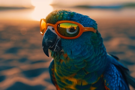 Parrot with sunglasses on the beach at sunset, close-upの素材