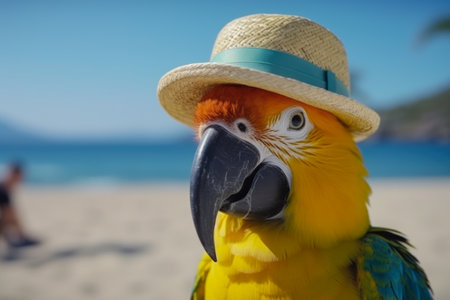 Portrait of a parrot with a straw hat on the beachの素材