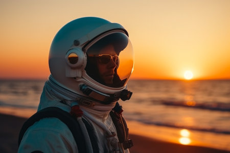 Astronaut in helmet and glasses on the beach at sunrise.の素材