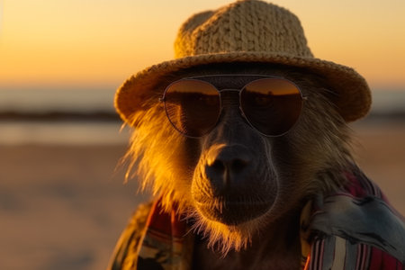 Portrait of a monkey in a hat and sunglasses on the beach at sunsetの素材