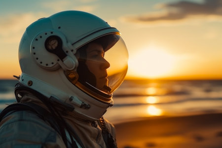 Astronaut in helmet on the background of the sea at sunset.の素材