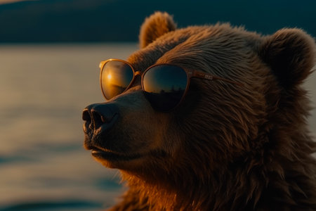 Portrait of a grizzly bear wearing sunglasses on the beach at sunsetの素材