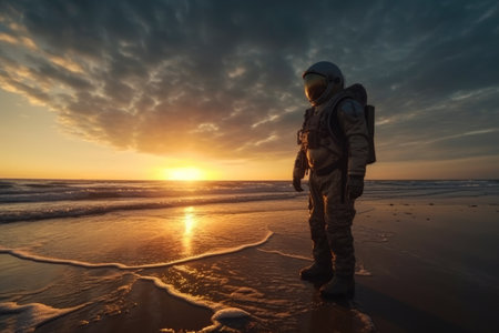 A man in a spacesuit and a helmet on the beach at sunset.の素材