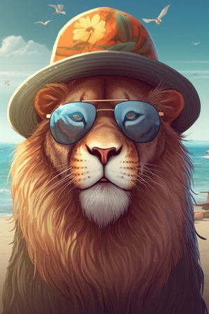 Lion in a hat and sunglasses on the seashore.の素材