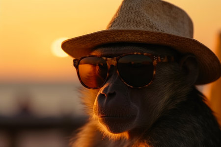 Portrait of a monkey in sunglasses and hat on the beach at sunset.の素材