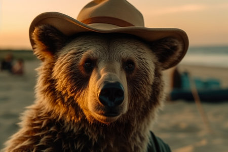 Close-up portrait of a bear in a hat on the beach at sunsetの素材